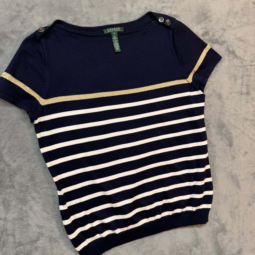 XL Lauren Ralph Lauren Striped Short Sleeve Sweater Size XL Navy Gold